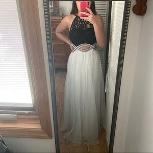 Long black and white prom dress with jewels